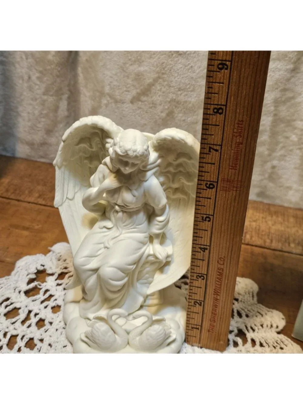 Party Lite Porcelain Bisque  ANGEL OF LOVE Taper Candle Holder With Swans W/Box